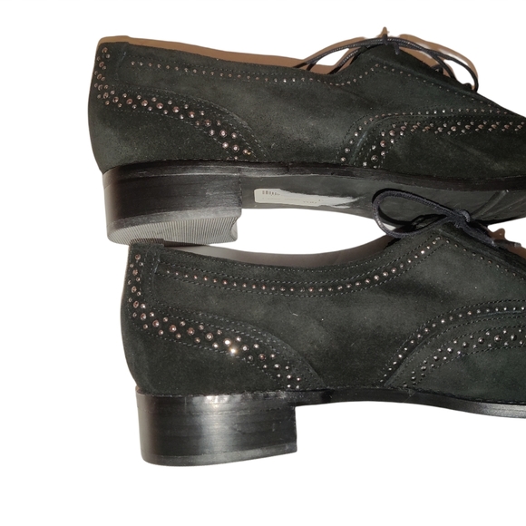 Stuart Weitzman Leather Suede Lace Up Studded Heeled Oxford Loafers - Picture 11 of 16